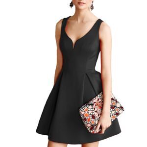 Black Ponte Mini Dress Womens Medium Deep V Neck Box Pleat Party Cocktail
